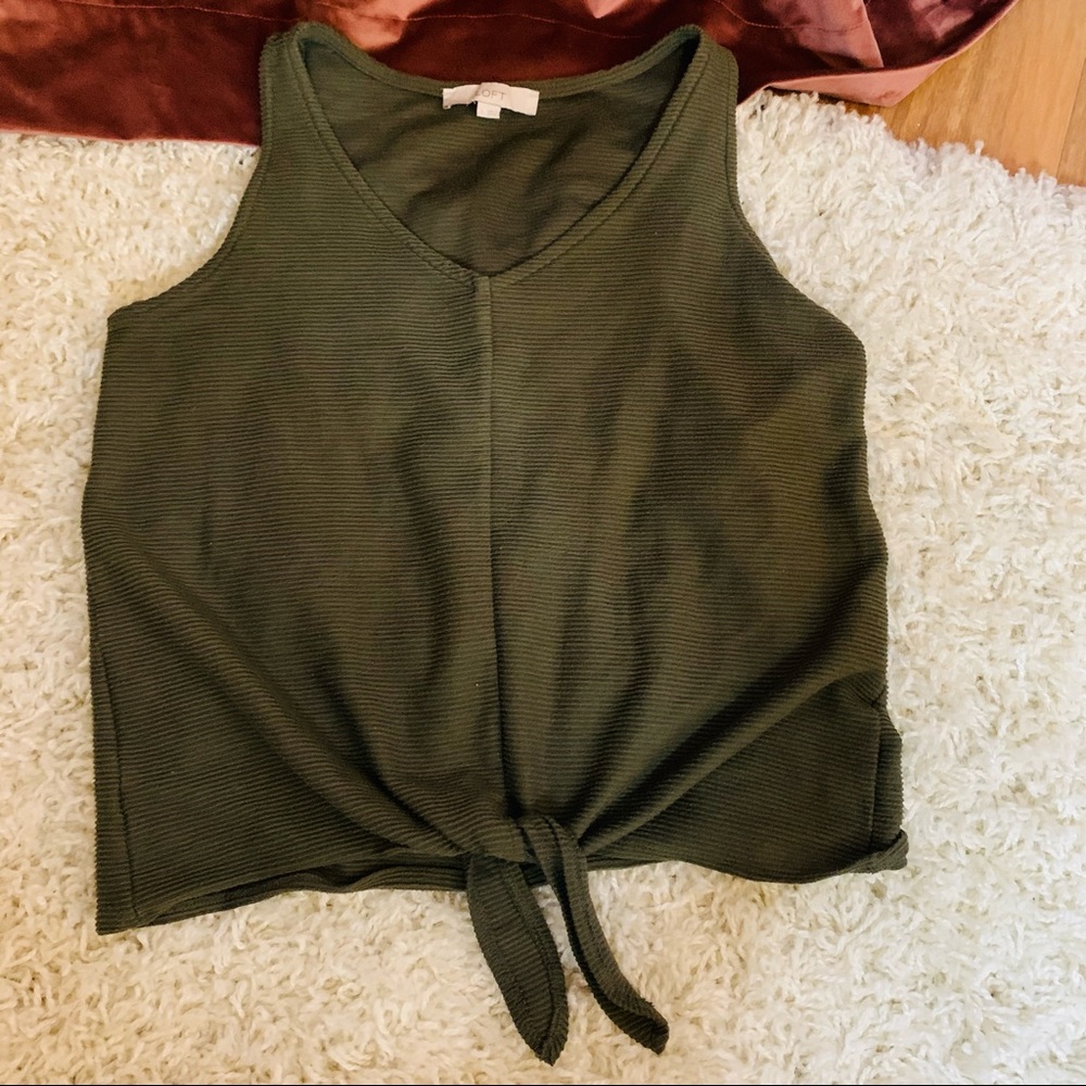LOFT Olive Green Ribbed Tie Front Tank